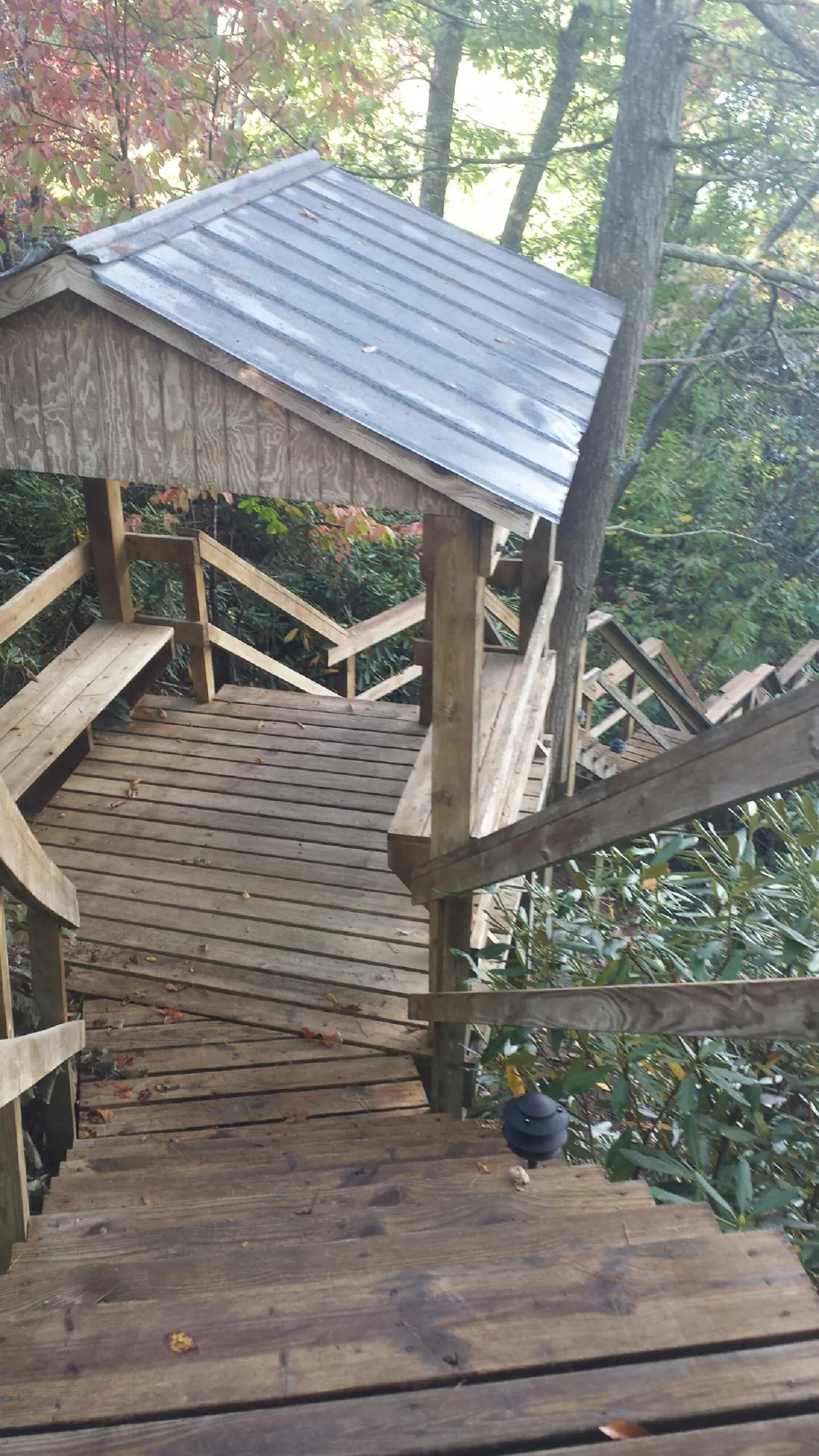 Metal roofed shelter over wooden steps on a wooded walkway — Skylight Repair & Installation work by our crew in Pisgah